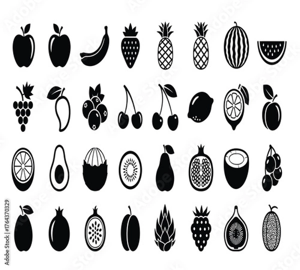 Obraz A delightful assortment of fruit icons, including apples, bananas, strawberries, pineapples, plums, watermelons, grapes, mangoes, blueberries, peaches, and cherries isolated on white background