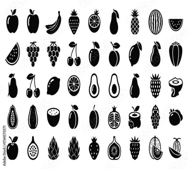 Obraz A delightful assortment of fruit icons, including apples, bananas, strawberries, pineapples, plums, watermelons, grapes, mangoes, blueberries, peaches, and cherries isolated on white background