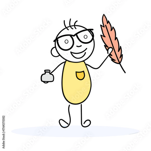 Fototapeta Design stick figure writer illustration with feather pen ink bottle and glasses on black background art draw verctor art illustration png