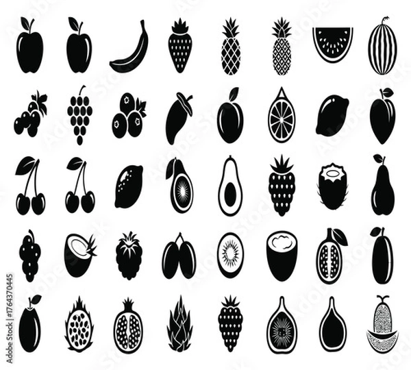 Obraz A delightful assortment of fruit icons, including apples, bananas, strawberries, pineapples, plums, watermelons, grapes, mangoes, blueberries, peaches, and cherries isolated on white background