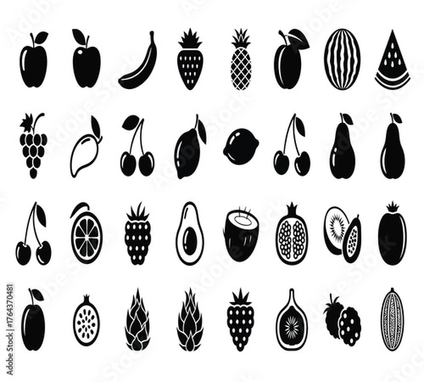 Obraz A delightful assortment of fruit icons, including apples, bananas, strawberries, pineapples, plums, watermelons, grapes, mangoes, blueberries, peaches, and cherries isolated on white background