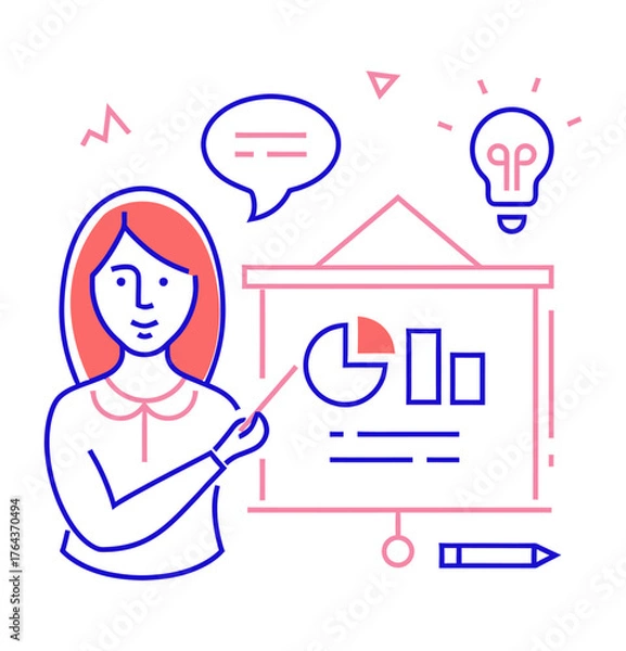 Fototapeta Design woman presenting business data chart presentation board idea lightbulb teaching education knowledge concept verctor art illustration png