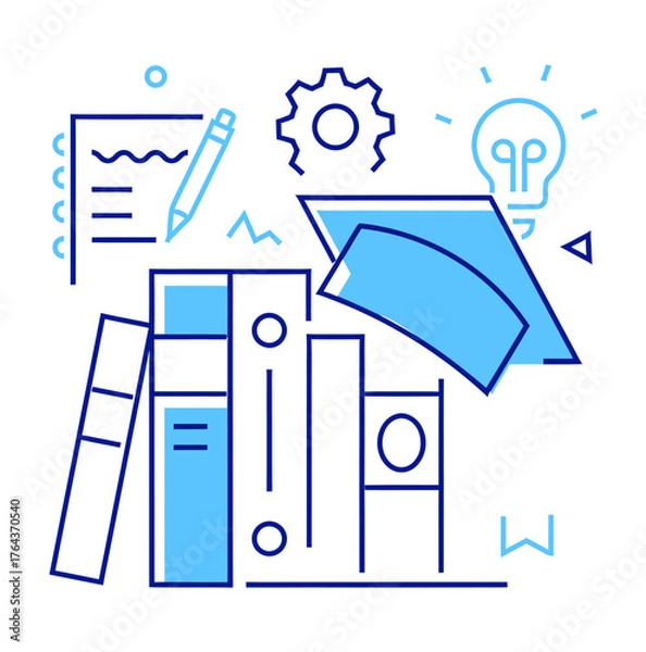 Fototapeta Design illustration of books idea lightbulb pencil gear education learning knowledge studying concept art verctor art illustration png