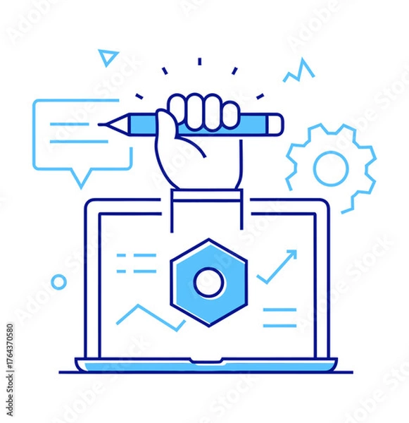 Fototapeta Design illustration graphic design laptop computer hand pencil icon vector business concept marketing strategy verctor art illustration png