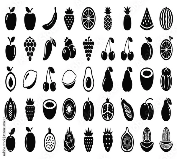 Obraz A delightful assortment of fruit icons, including apples, bananas, strawberries, pineapples, plums, watermelons, grapes, mangoes, blueberries, peaches, and cherries isolated on white background
