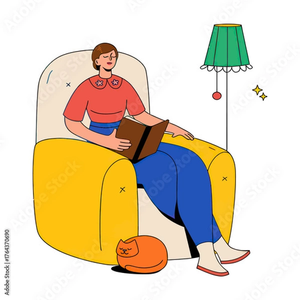 Fototapeta Design woman reading book in armchair with cat and lamp illustration reading book armchair cat lamp home relax verctor art illustration png