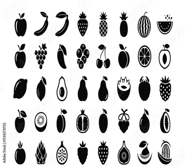 Obraz A delightful assortment of fruit icons, including apples, bananas, strawberries, pineapples, plums, watermelons, grapes, mangoes, blueberries, peaches, and cherries isolated on white background