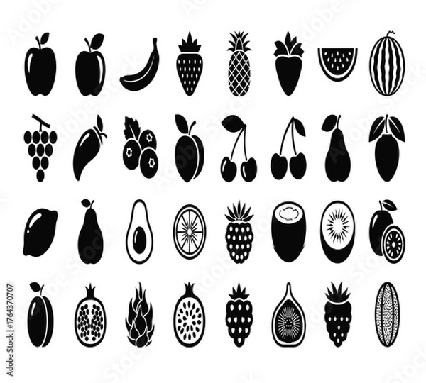 Obraz A delightful assortment of fruit icons, including apples, bananas, strawberries, pineapples, plums, watermelons, grapes, mangoes, blueberries, peaches, and cherries isolated on white background