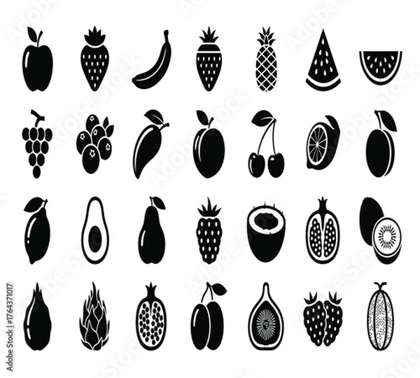Obraz A delightful assortment of fruit icons, including apples, bananas, strawberries, pineapples, plums, watermelons, grapes, mangoes, blueberries, peaches, and cherries isolated on white background