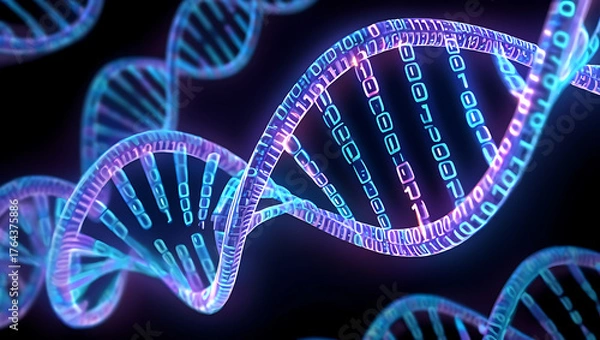 Fototapeta Abstract digital representation of a glowing blue and purple dna double helix structure with binary code integrated into its strands on a dark background