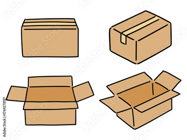 Obraz 空いた状態と閉じた状態の複数の段ボール