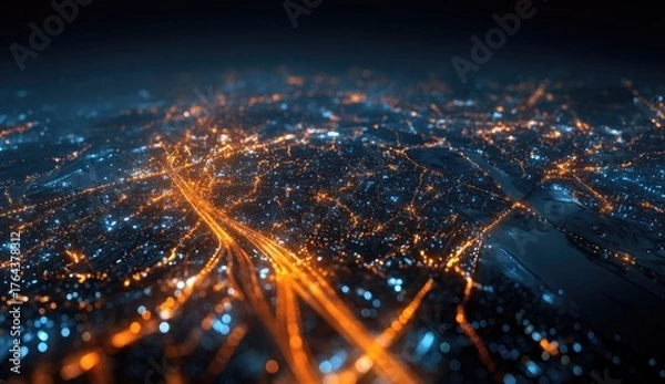 Fototapeta Glowing city grid at night, bokeh