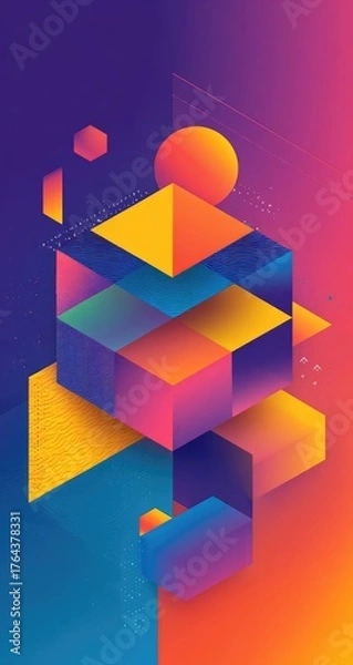 Fototapeta Abstract geometric shapes float in vibrant gradient colorspace