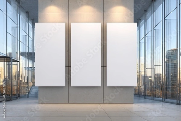 Fototapeta Art gallery with three blank posters against a concrete wall