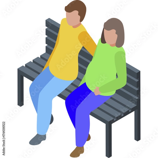 Fototapeta Pregnant couple sitting together on a park bench wearing casual clothing with a neutral expression and a white background creating a sense of anticipation and family growth