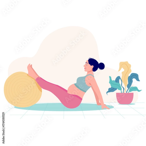 Fototapeta Pregnant Woman Exercising With Stability Ball And Yoga Mat In A Bright Room With Green Plant And Abstract Shapes Background Fitness And Wellness Concept