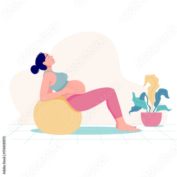Fototapeta Pregnant Woman Exercising with Stability Ball in a Calm Indoor Setting Embracing Serenity