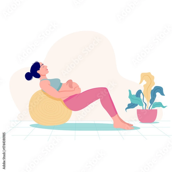 Fototapeta Pregnant Woman Exercising With Stability Ball In A Calm Setting With A Plant And Neutral Background