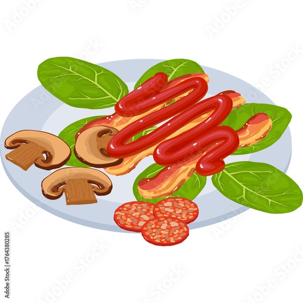 Fototapeta Plate of Sliced Mushrooms Bacon Strips Salami Slices and Fresh Spinach Leaves Drizzled with Ketchup Sauce on a Light Blue Plate with a White Rim and Transparent Background