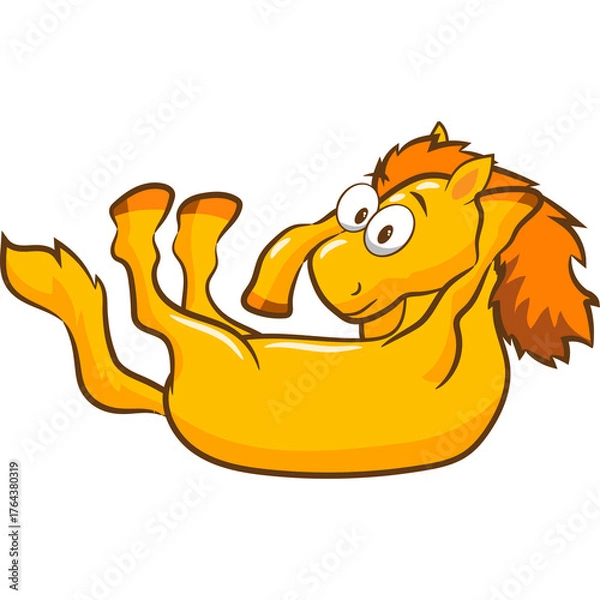 Fototapeta Playful Cartoon Horse With Orange Mane Rolling On Its Back With Eyes Wide Open And A Smile On Its Face On Transparent Background