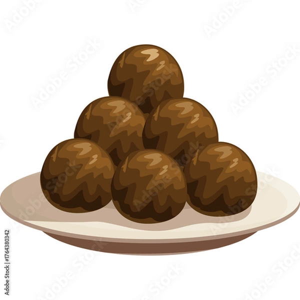 Fototapeta Plate piled high with seven rich brown textured spherical meatballs in a rustic display against a simple white backdrop