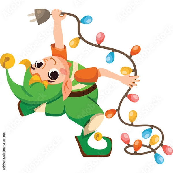 Fototapeta Playful Elf Character Hanging Upside Down With Colorful Christmas Lights And A Plug In A White Background