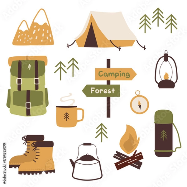 Fototapeta Camping Elements Color flat Illustration