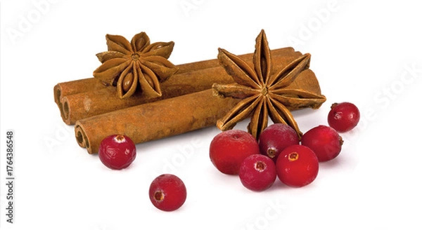 Fototapeta Laski wanilii z żurawiną i anyżkiem na białym tle