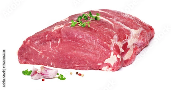 Fototapeta Duży kawałek surowego rostbefu z ziołami na białym tle