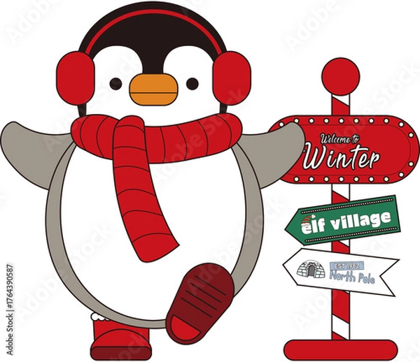 Fototapeta 빨간 귀마개와 목도리를 한 아기 펭귄