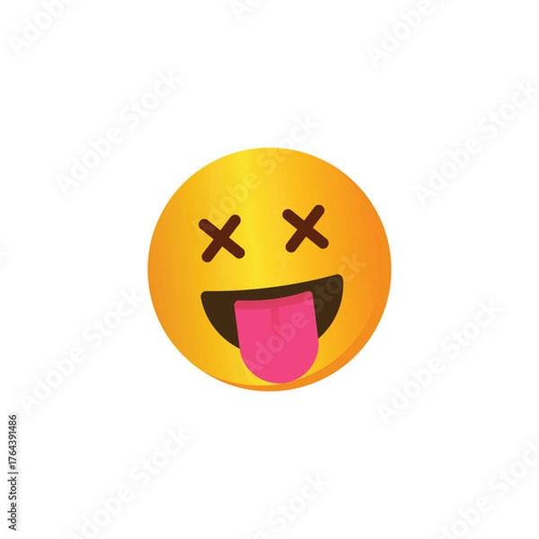 Obraz A vibrant yellow emoji with X-shaped eyes and a tongue sticking out, conveying a playful, goofy, or joking mood