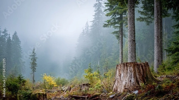 Obraz An old tree stump rests in a misty forest landscape with tall evergreen trees and lush undergrowth