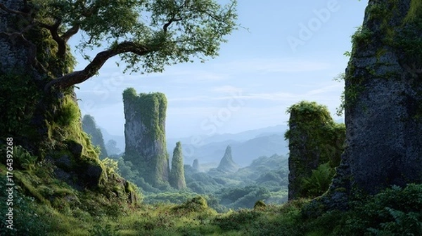 Obraz Lush moss covered ancient stone pillars rise majestically amidst a misty mountain landscape with verdant forests and a serene blue sky