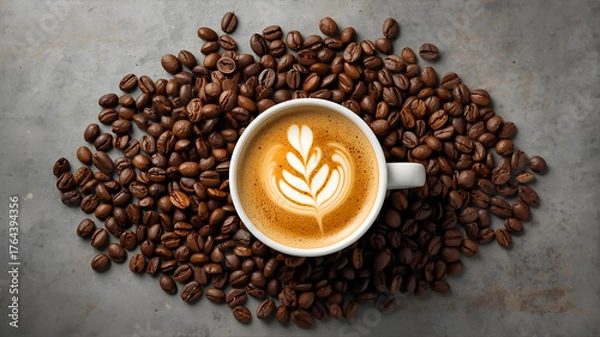 Obraz ラテアートとコーヒー豆のイメージ壁紙