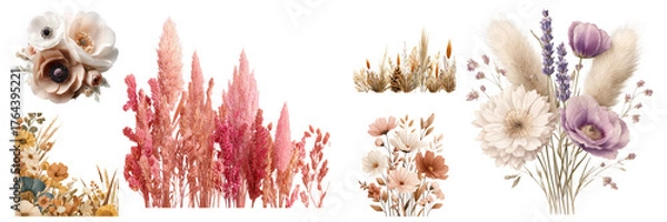 Fototapeta Beautiful collection of vintage floral bouquets, botanicals, and grassy arrangements in elegant pastel hues on transparent background