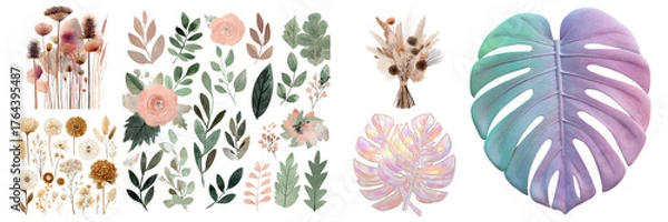 Fototapeta Collection of watercolor flowers, leaves, and tropical foliage in pastel colors, elegant botanical elements on transparent background