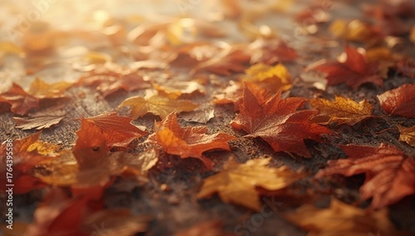 Obraz Glistening cluster of multi-colored fallen maple leaves lying on forest floor, with dew droplets