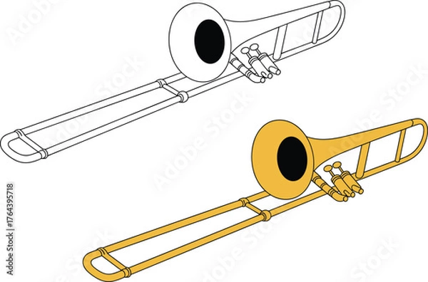 Obraz Trombone illustration, brass musical instrument drawing, orchestra band sketch, jazz music design, educational instrument outline, colored trombone artwork