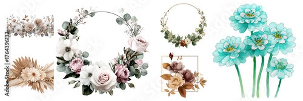 Fototapeta Delicate floral collection featuring roses, eucalyptus, and decorative wreaths, a set of design elements on transparent background
