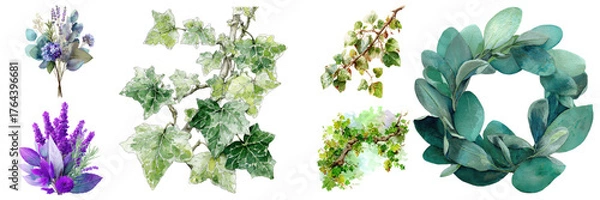 Fototapeta Assorted botanical elements featuring bouquets, foliage, and wreaths, creating organic arrangements with a natural and artistic feel on transparent background