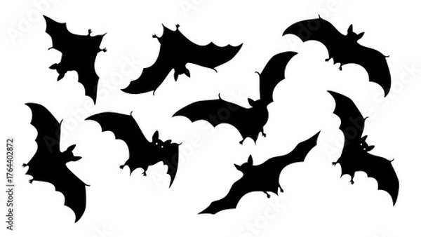 Fototapeta Collection of black bat silhouettes flying in different poses for Halloween design elements. Vector illustration set 410