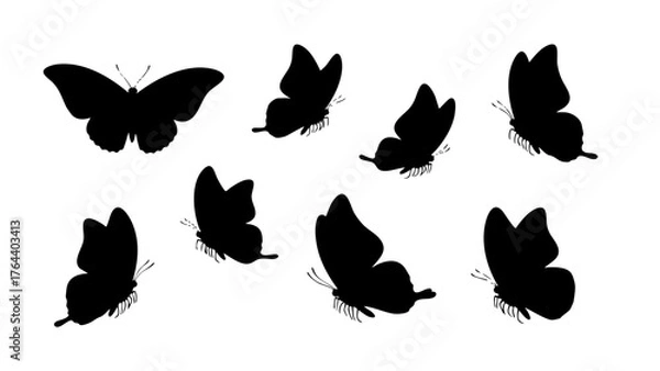 Fototapeta Elegant Collection of Flying Butterfly Silhouettes in Dynamic Flight Poses, Perfect for Nature-Inspired Designs and Springtime Projects, Vector Illustration Elements