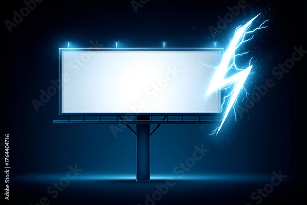 Fototapeta Illuminated Billboard with Dynamic Blue Lightning Graphic on Dark Background. Mock up promotion information for marketing announcements and details, blank white space.