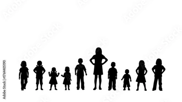 Obraz A compelling collection of diverse black silhouettes, portraying various ages from young children to adults, symbolizing human growth and community progression