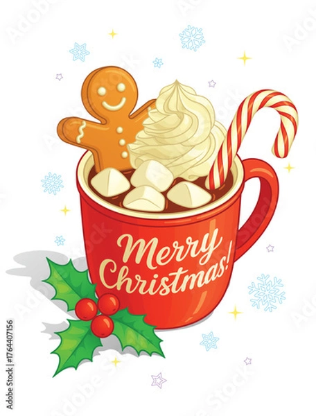 Obraz A cute Christmas mug with chocolate, marshmallows, whipped cream, gingerbread, and a candy cane and holly. Vector illustration.