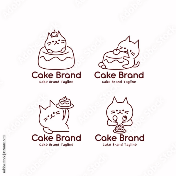 Obraz Charming cake logo set featuring cute cat mascots hugging cakes and sitting inside desserts. Brown monoline illustration for pastry shop branding and dessert identity.