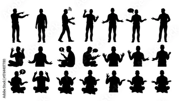 Fototapeta Silhouette People Talking Gesture Set Diverse Communication Icons