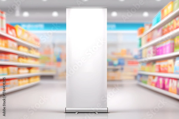 Fototapeta Blank White Roll-Up Banner Display Stand in Blurred Supermarket Aisle. Mock up promotion information for marketing announcements and details, blank white space.
