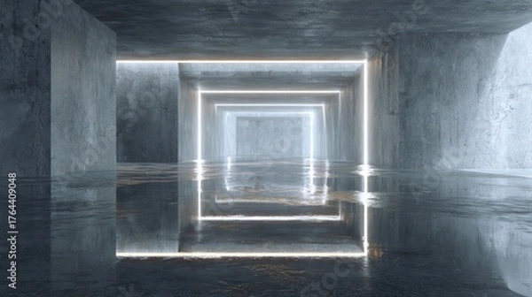 Fototapeta Concrete Tunnel with Glowing Square Lights and Reflective Floor
