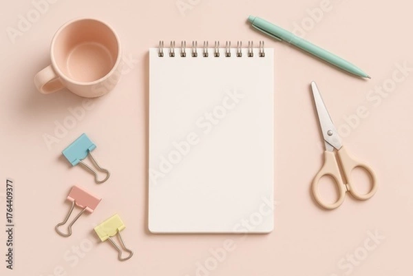 Obraz Minimal workspace with pastel color palette, modern stationery and blank notepad for message

